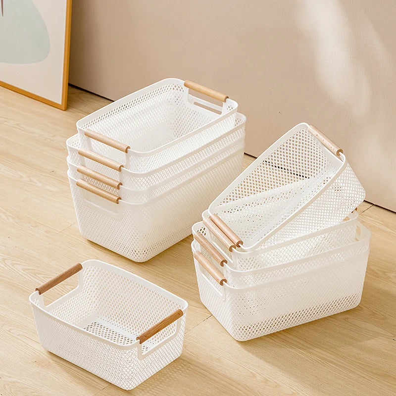 paniers rangement blanc jaune bleu rose noir maille fine moderne pratique poignées bois