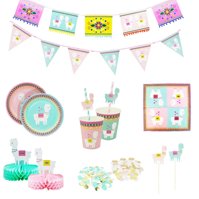 assiettes papier motif ethnique gobelets serviettes colorées alpaga coeurs rose bleu vert clair