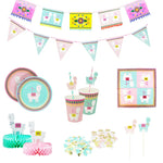 assiettes papier motif ethnique gobelets serviettes colorées alpaga coeurs rose bleu vert clair
