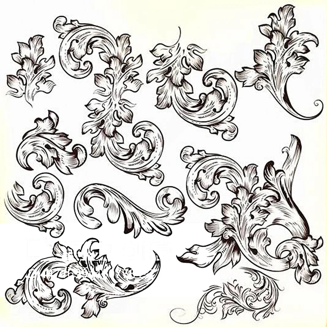 timbres vintage baroques motifs floraux ornements feuilles fleurs marron clair décoration artisanale scrapbooking