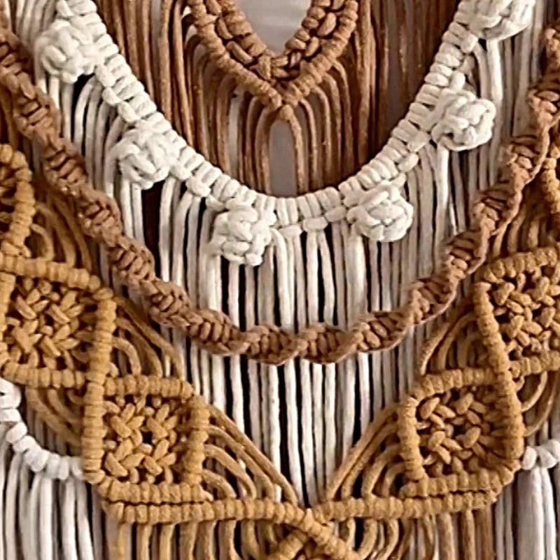 tapisserie macramé bohème coton beige crocheté franges bois décoration murale
