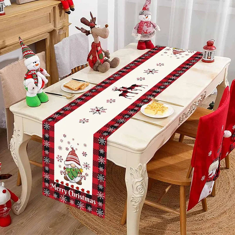 changement saison décoration noël chemin table flocons neige santa clause forêt cerfs motifs géométriques