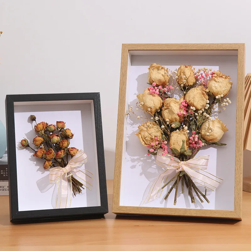 cadre photo bois fleurs séchées bouquet rubans transparent rustique décoration maison poser accrocher