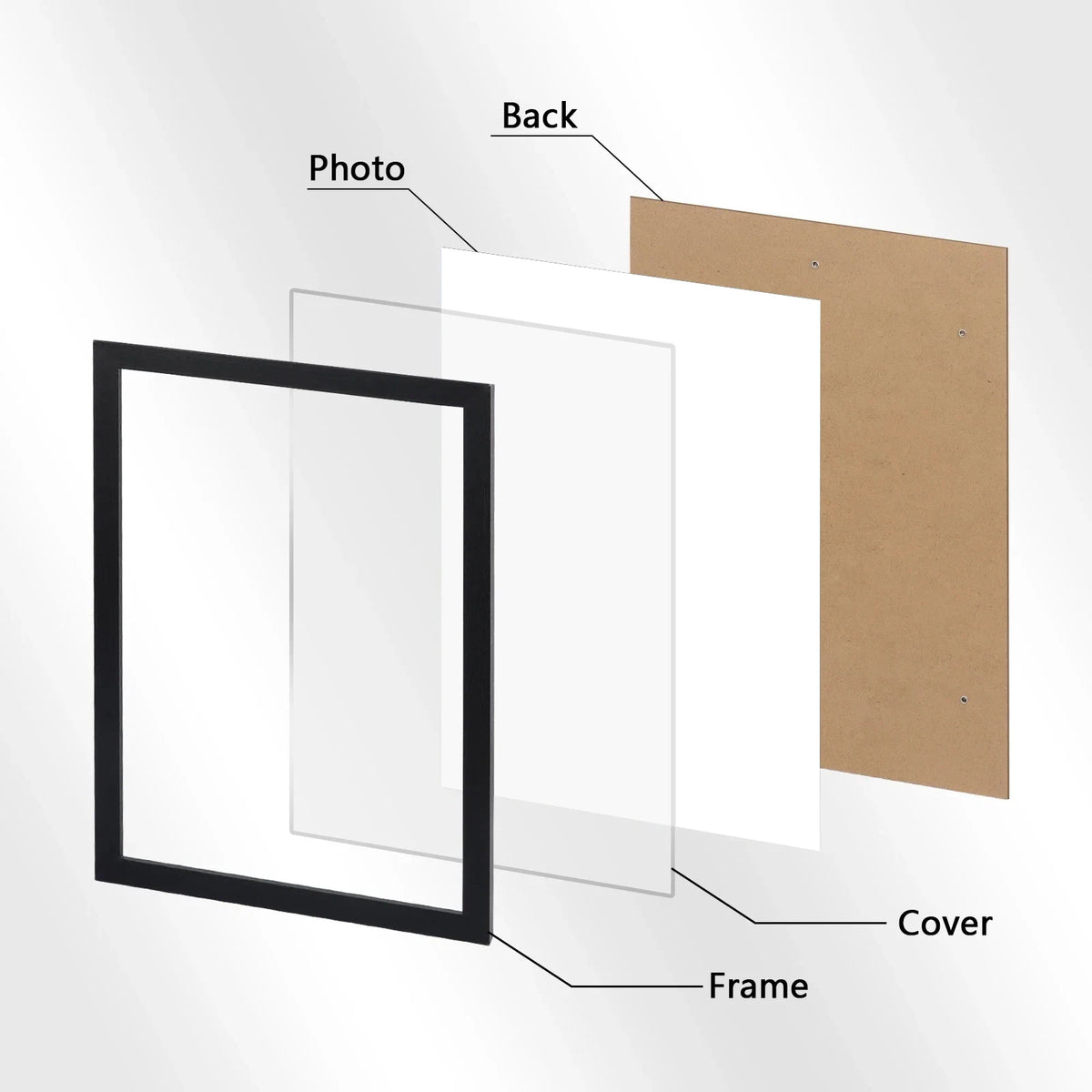 cadre photo moderne noir blanc bois transparent verre acrylique fond carton inclinable poser