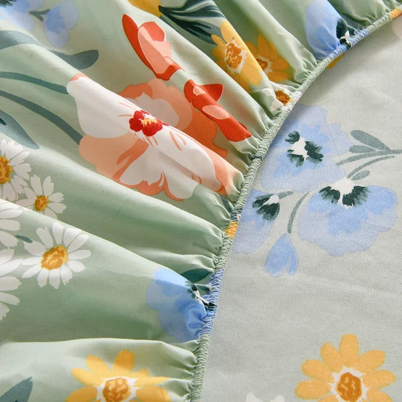 drap housse floral imprimé fleurs colorées moderne elastique oreillers assortis adultes chambre verte blanche