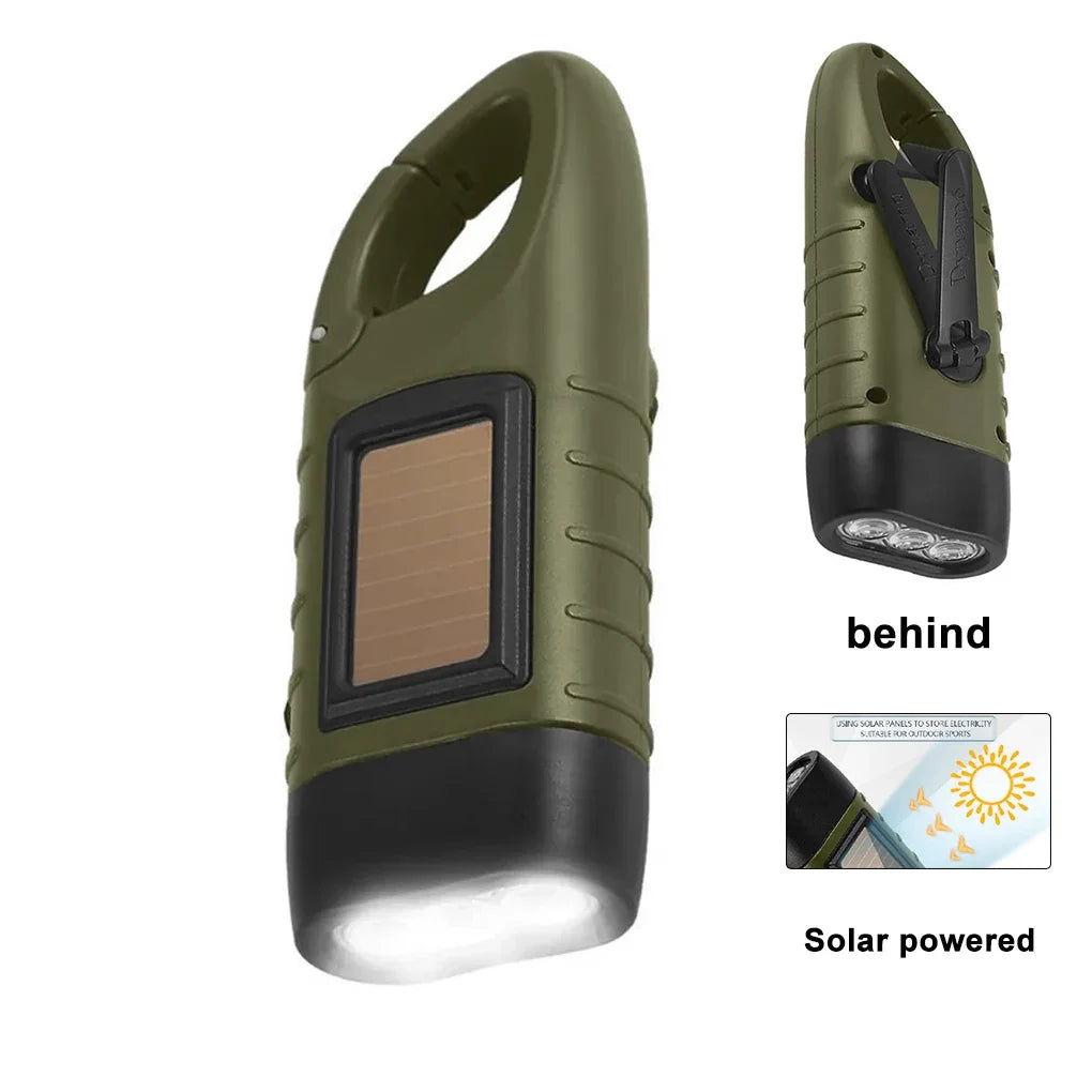 torche rechargeable solaire manivelle vert olive texture antidérapante boucle montagne trois leds