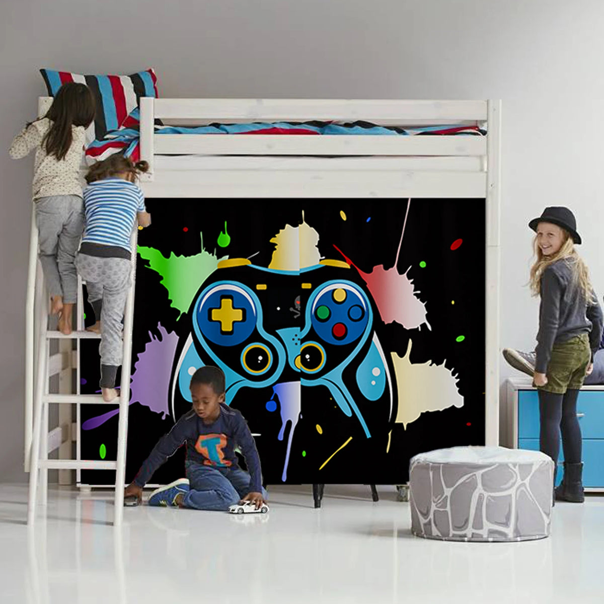 rideau moderne manette jeu noir bleu vert jaune rose violet pliés 200x115cm