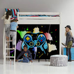 rideau moderne manette jeu noir bleu vert jaune rose violet pliés 200x115cm