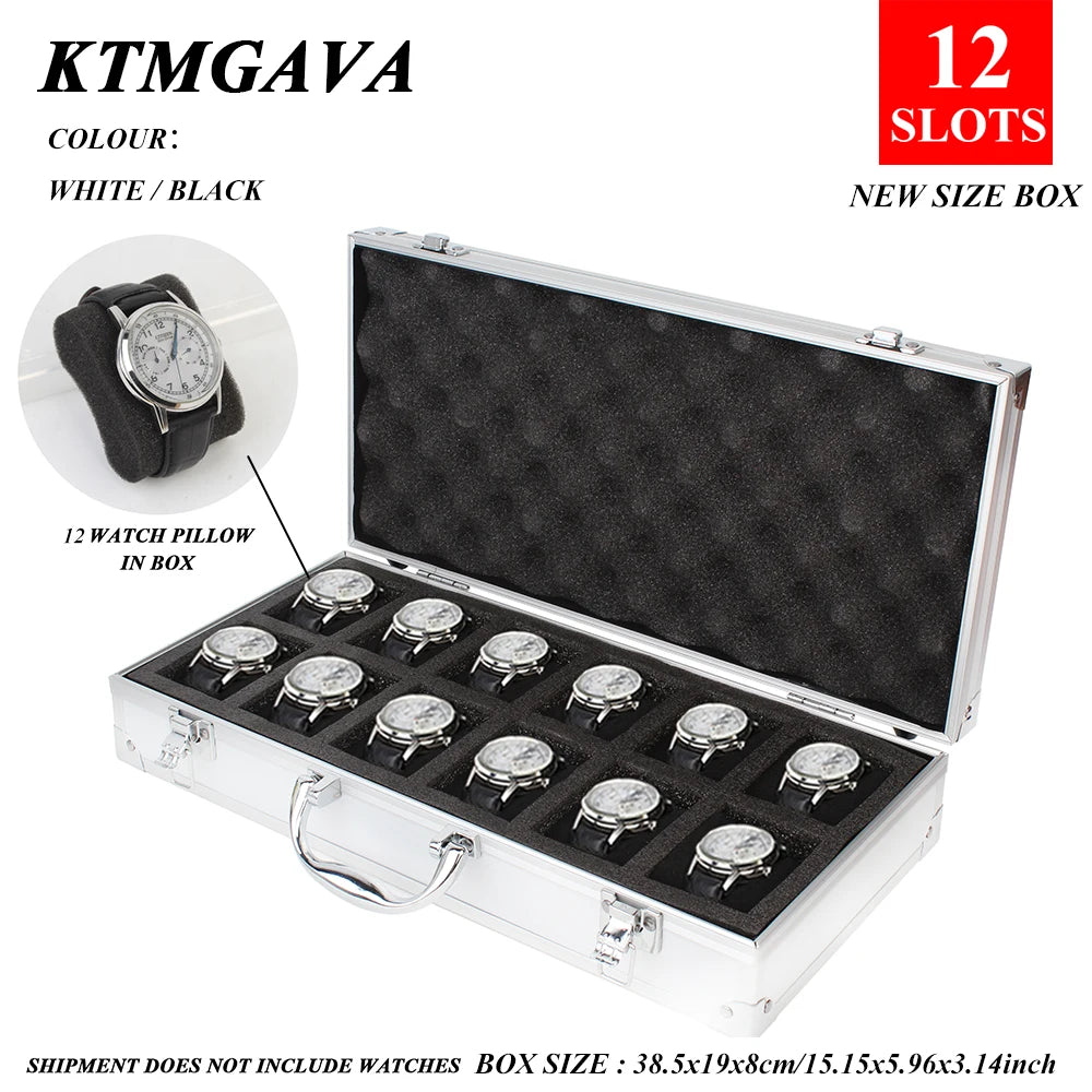 boîte montres moderne 12 slots aluminium noir mousse intérieure poignées métalliques