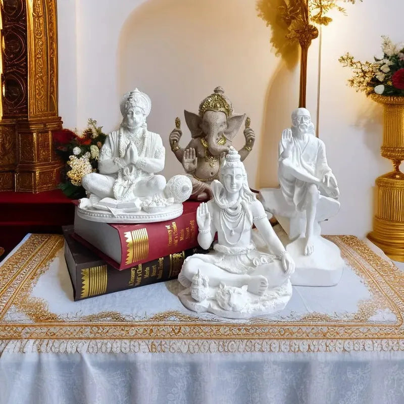 statues religieuses hindoues blanc texture granulée détails sculptés classique feng shui décoration intérieure