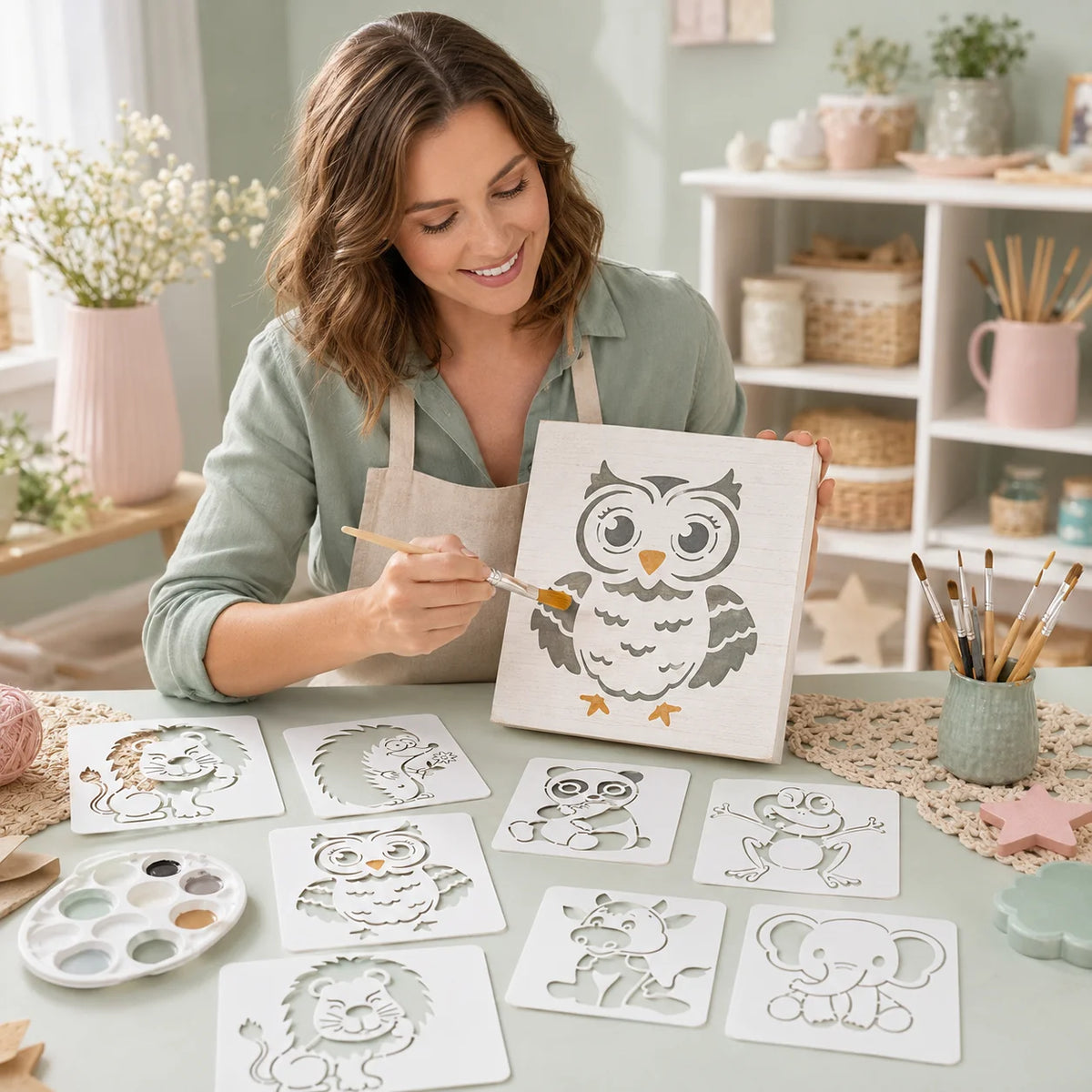 pochoirs animaux mignons blancs cartoon gabarits peinture tissu toile loisirs créatifs DIY différents