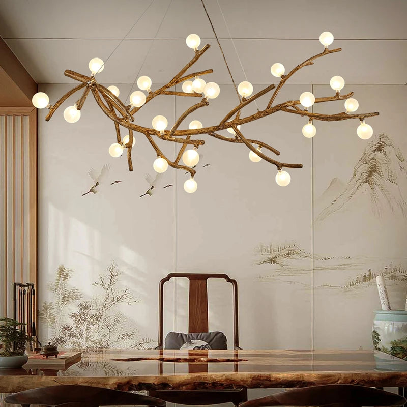 suspension lumineuse moderne branchies naturelles boules translucides marron clair blanc