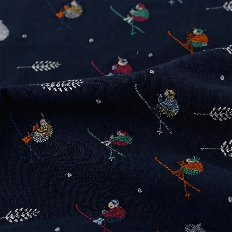 tissu brodé bleu marine personnages animés oiseaux animaux motifs floraux coton résistant bricolage nappe