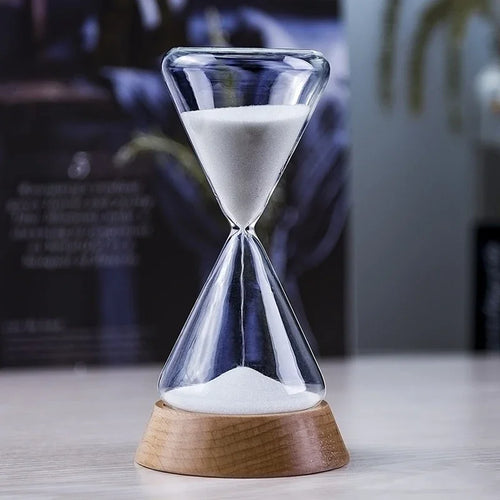 sablier verre transparent sable blanc base bois moderne décoration intérieure élégante horloge temps