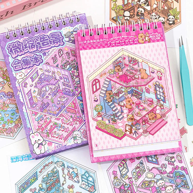 livre autocollants illustrations animaux scènes miniatures dessin animé violet rose mignon éducatif enfants adolescents