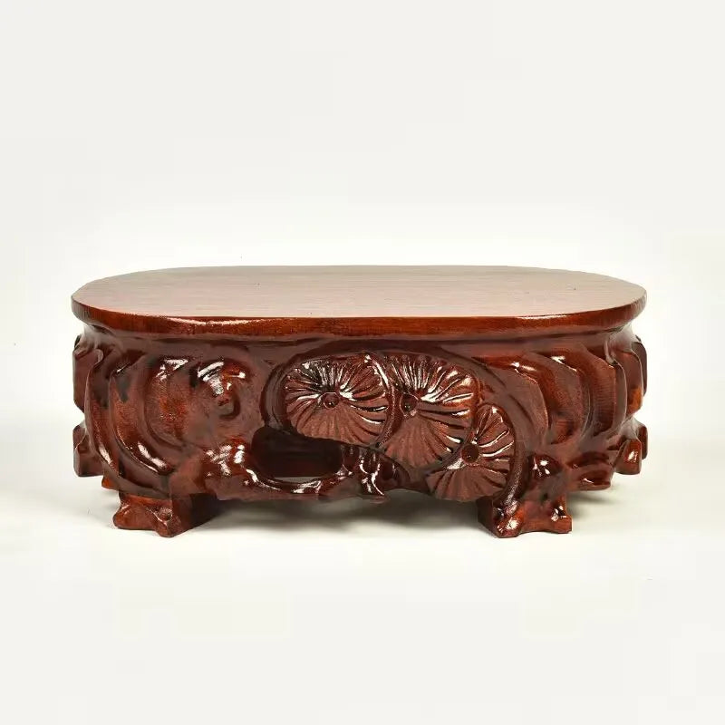 support bois marron sculpté motifs floraux artisanal vase pierre figurine plante decoration chinois traditionnel
