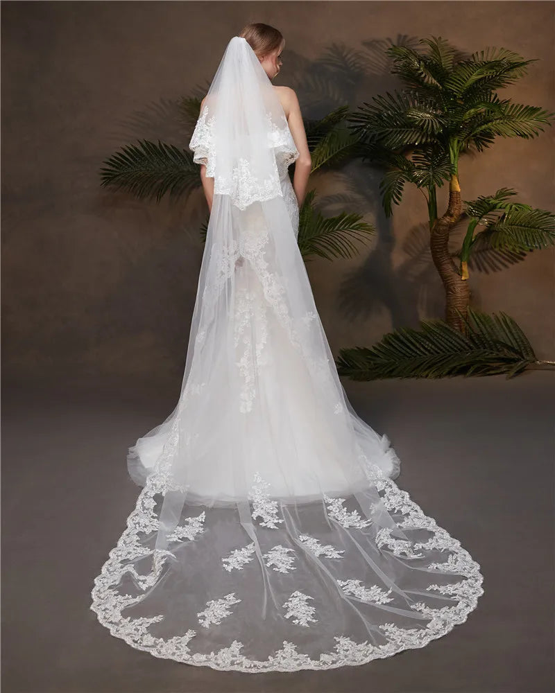 voile mariée classique blanc broderie florale bord dentelle translucide femme adulte