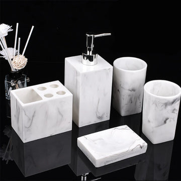 ensemble salle bain blanc marbre moderne distributeur savon tasse dents boire porte brosse dents