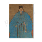 Une peinture traditionnelle chinoise représentant un sage vêtu d'une longue robe bleue ornementée.