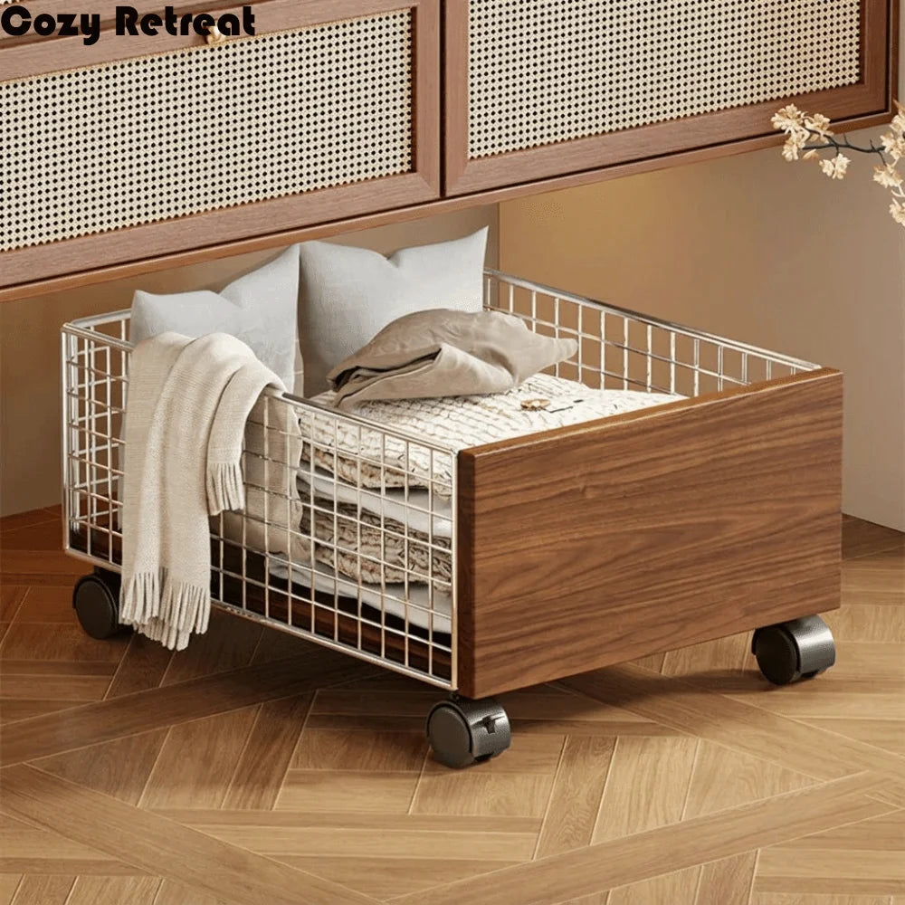 panier roulettes boîtier métal argenté base bois moderne couvercle rangement couvertures livres moderne fonctionnel