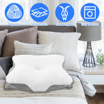 taie d'oreiller mousse mémoire forme papillon ergonomique cou blanc motif géométrique contemporain zip lisse