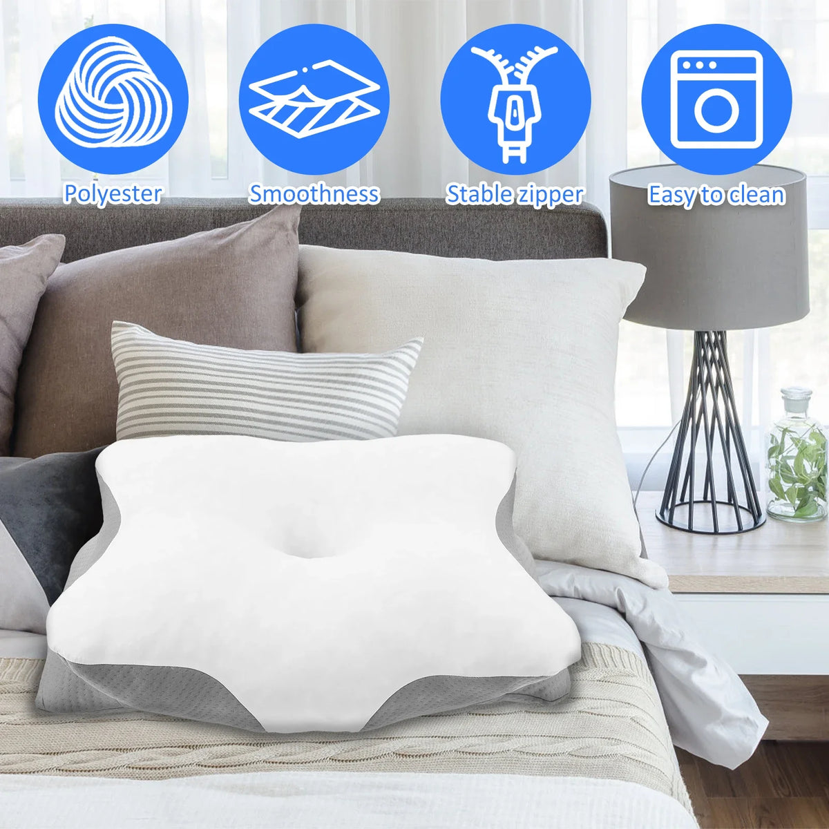 taie d'oreiller mousse mémoire forme papillon ergonomique cou blanc motif géométrique contemporain zip lisse