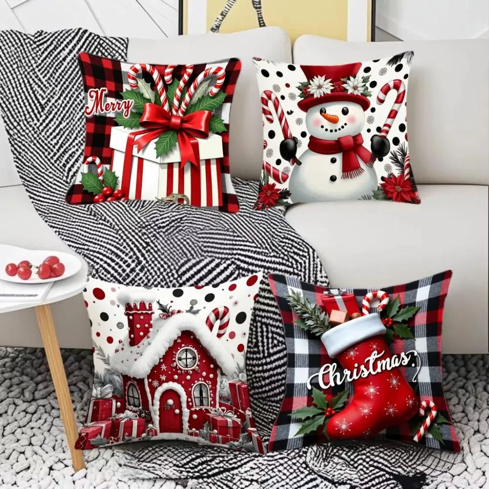 coussin décoratif noël carreaux rouge blanc flocon neige bonhomme neige guirlande sapin 45cm 45cm