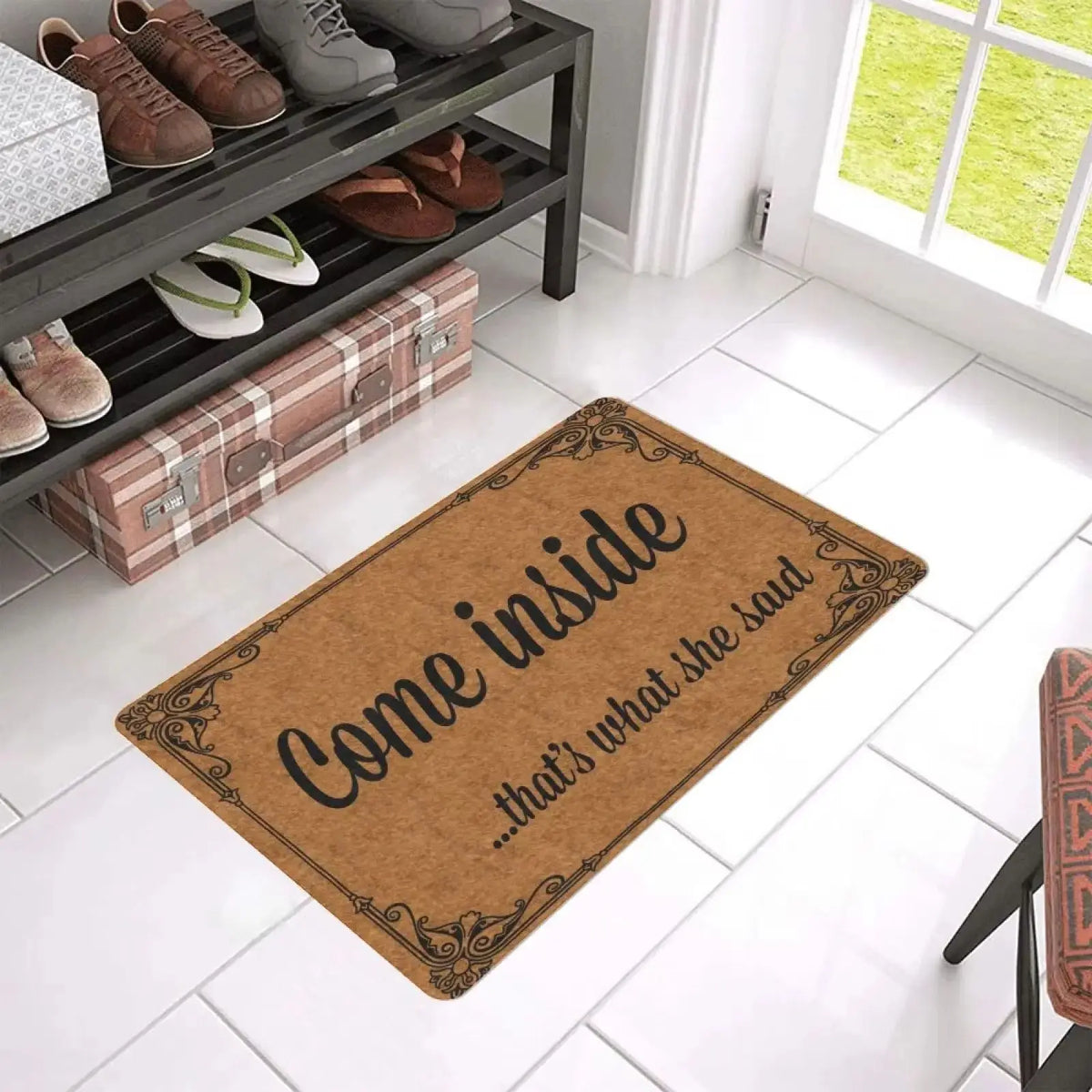 tapis sol caoutchouc antidérapant résistant bactéries marron lettrage come inside classique vintageextérieurporte