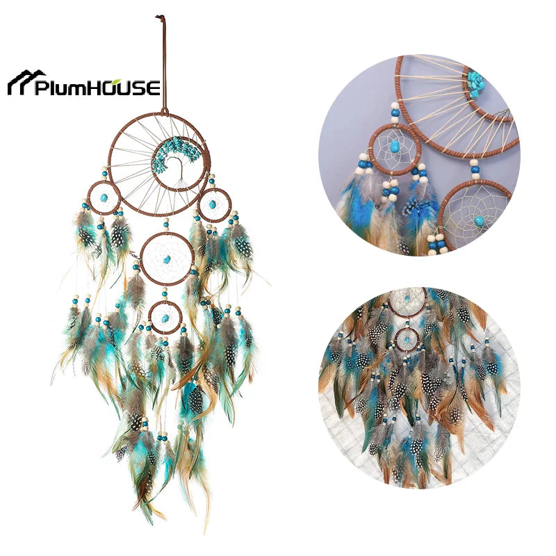 attrape rêves ethnique attrape rêves boho chic plumes fil raphia marron bleu blanc