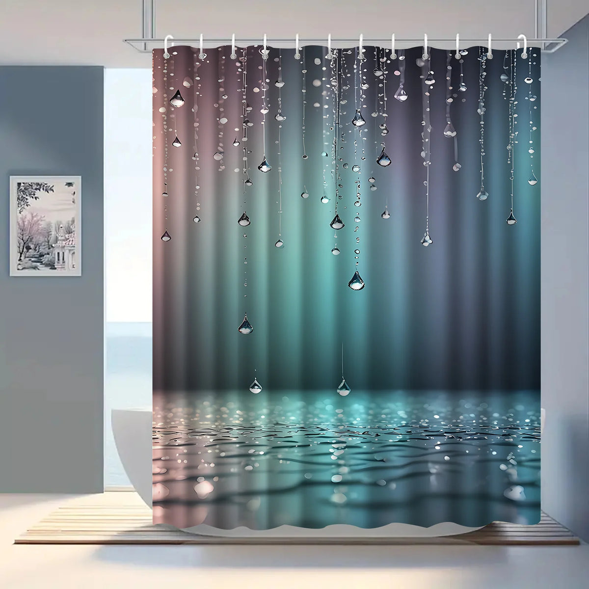 rideau douche moderne multicolore effet gouttes d'eau opacité anneaux suspension crochets durables