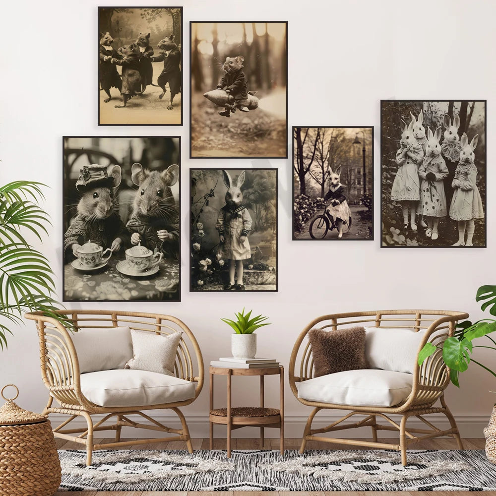 Cette galerie d'images vintage en noir et blanc crée une ambiance chaleureuse et nostalgique dans cet espace de vie apaisant et verdoyant.