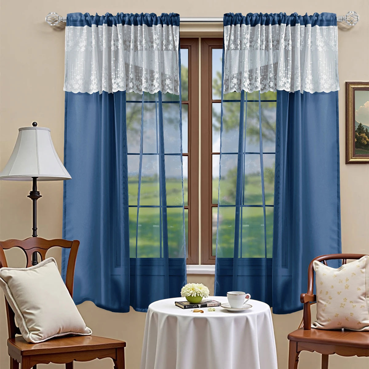 rideaux semi transparents polyester rose blanc dentelle florale romantique shabby chic 100cm 125cm