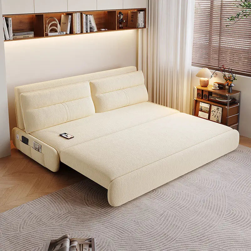 canapé lit moderne tissu uni beige clair rangement électrique pliant bois latex