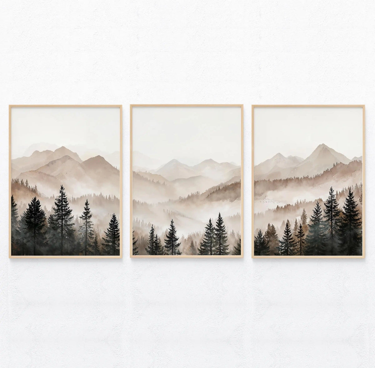 tableaux abstraits paysages montagneux arbres nuages brume noirs blancs gris beiges minimaliste naturel cadres
