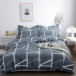 housse couette coton polyester bleu blanc gris motif floral moderne oreillers lit king size