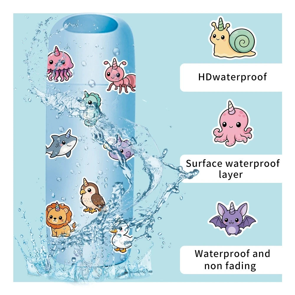stickers animaux dessin animé licorne adhésifs mignons imperméables bagages portable téléphone bouteille d'eau 50pcs