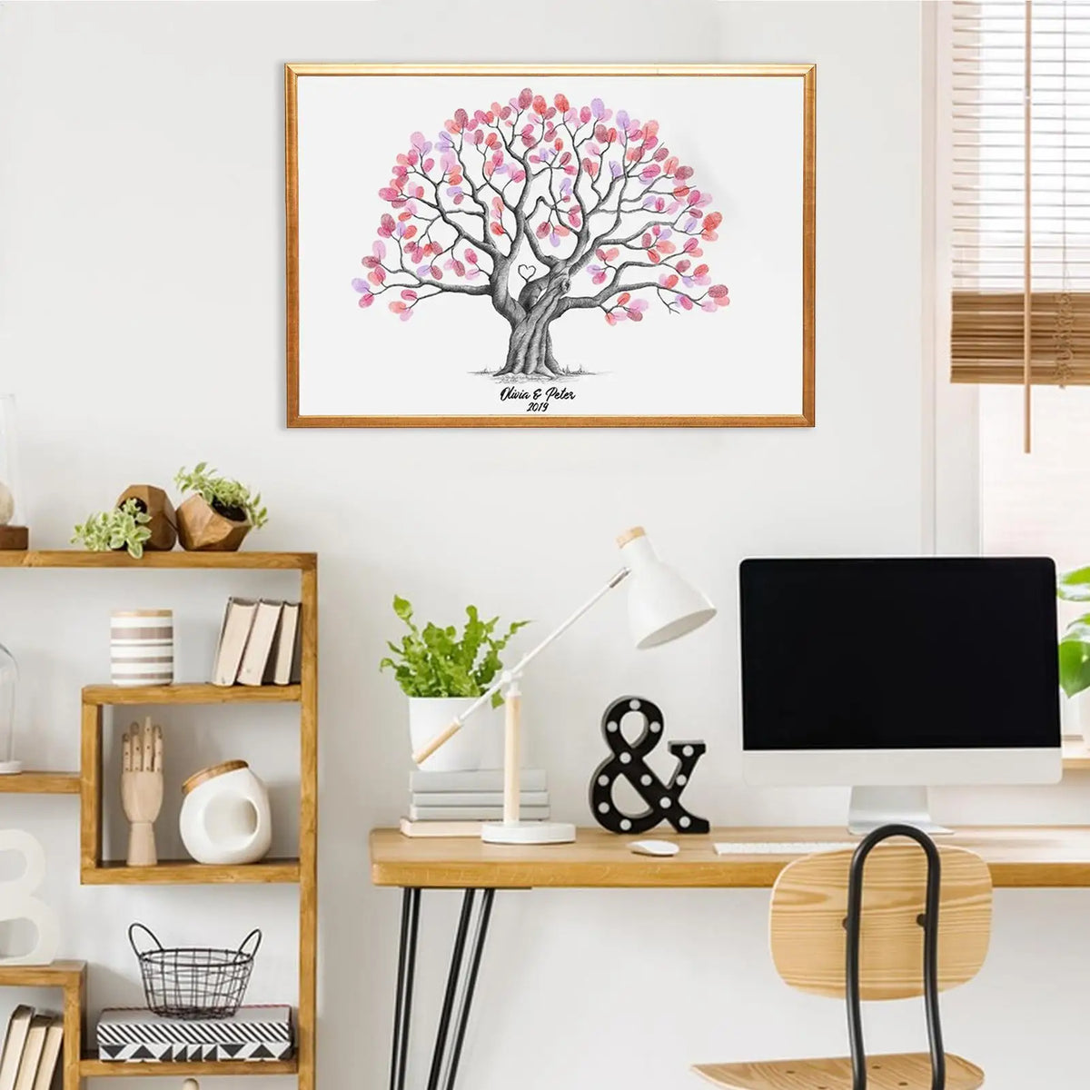 tableau decoratif impression toile arbre empreintes digitales marron rouge rose vert blanc beau romantique