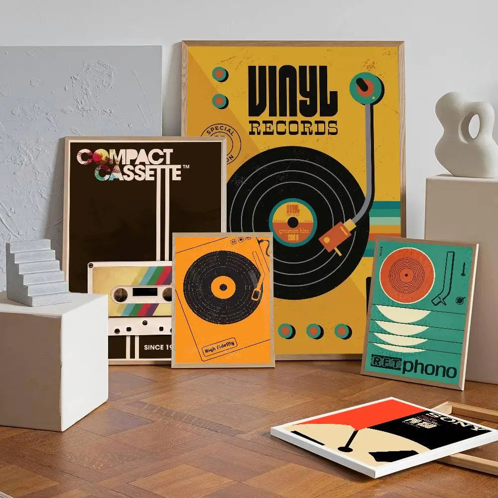 affiches murales vintage rétro disques vinyle illustration cassette audio chambre décoration noire orangée
