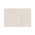 Motif géométrique minimaliste composé de lignes parallèles et de formes circulaires en nuances de beige.