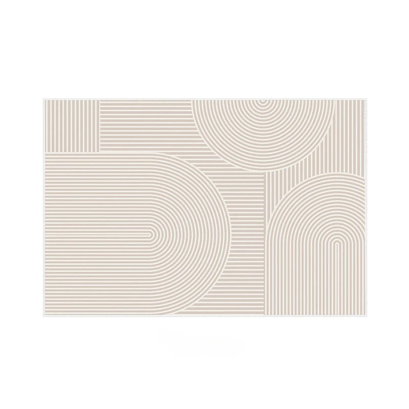 Motif géométrique minimaliste composé de lignes parallèles et de formes circulaires en nuances de beige.