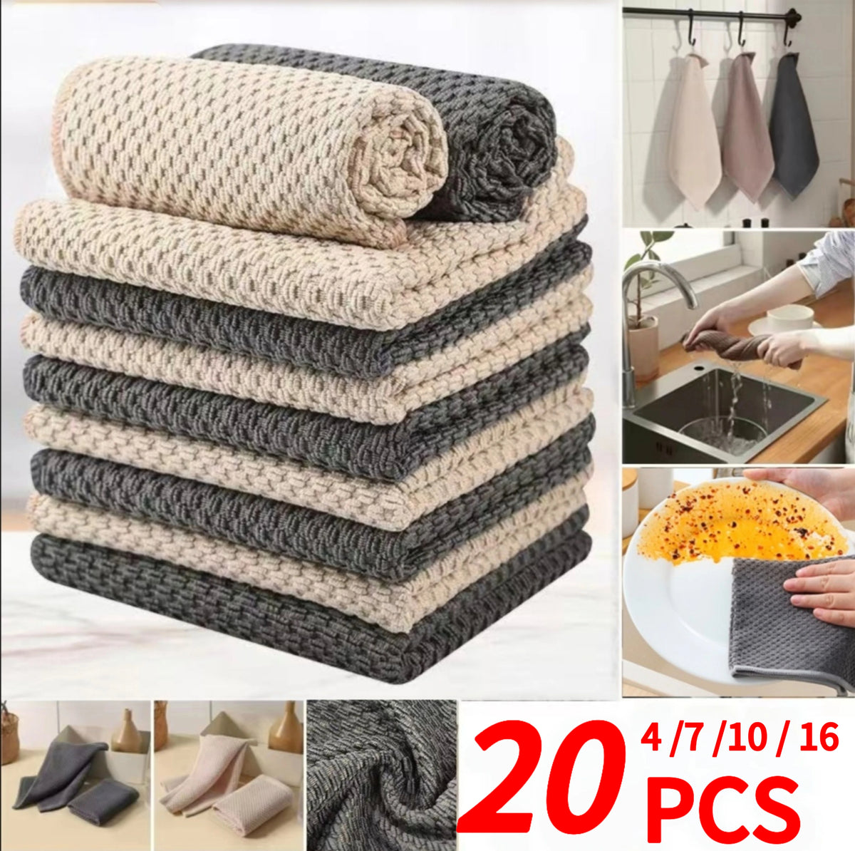 serviettes cuisine rectangulaires microfibre rayures horizontales beige gris absorption rapide respectueux environnement