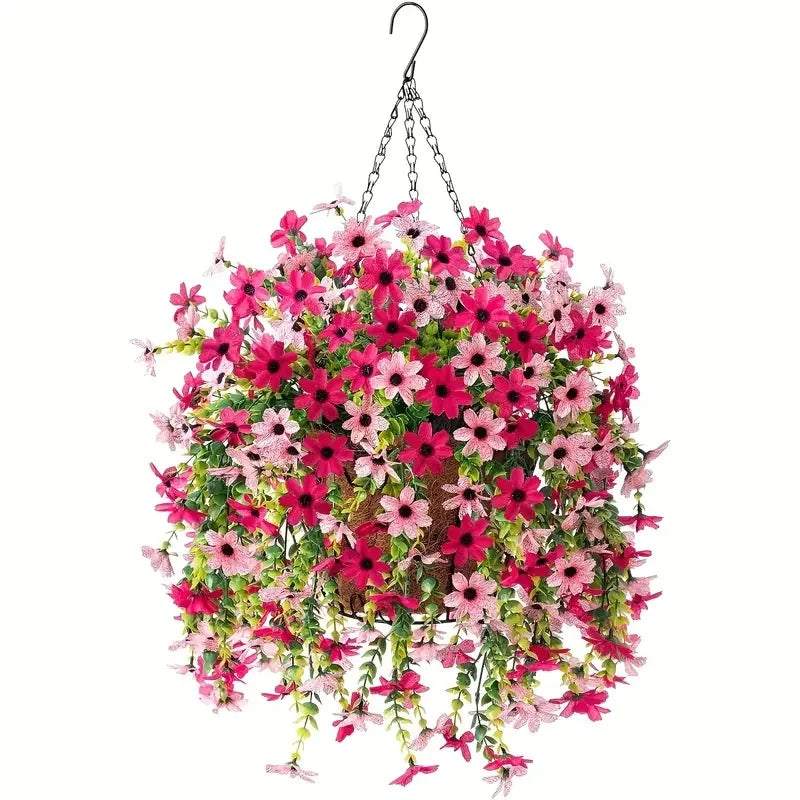 panier suspendu fleurs artificielles rose blanc moderne décoration intérieure mariage anniversaire fiançailles
