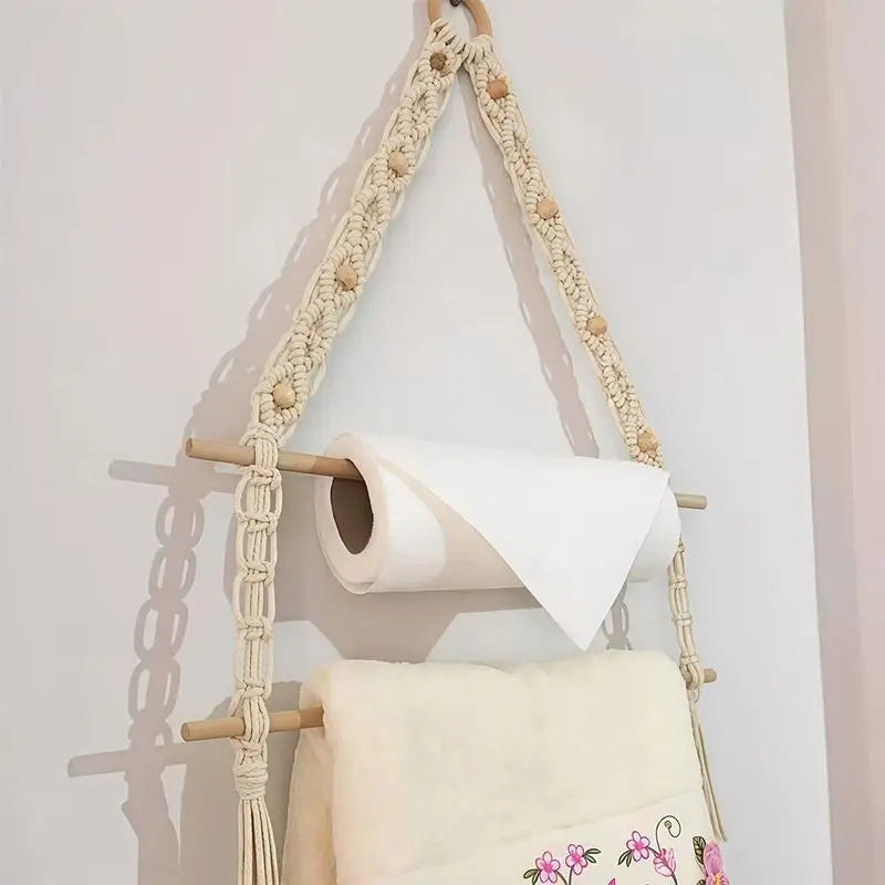 porte serviettes macramé boho rack serviettes tissu artisanal support mur blanc beige