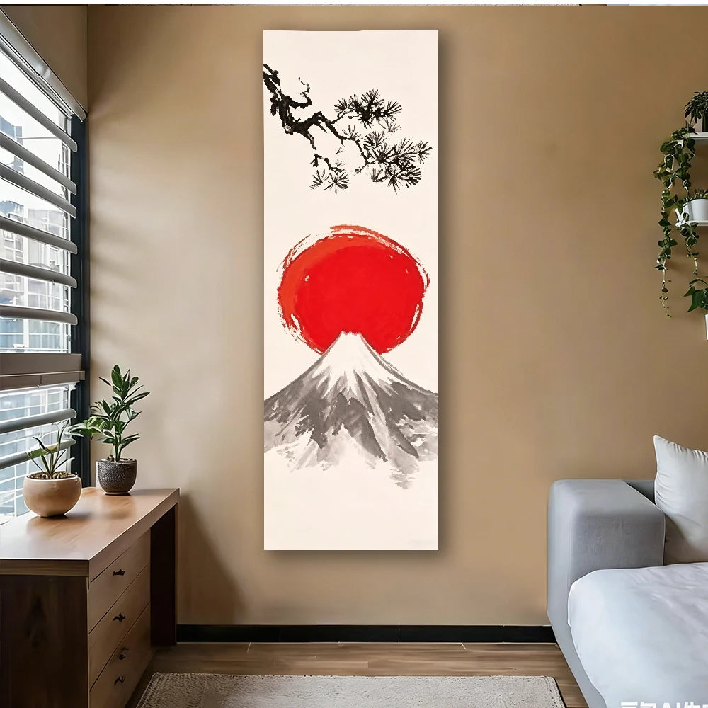 tableau abstrait montagne soleil rouge branche arbre blanc gris noir minimaliste wabi sabi zen