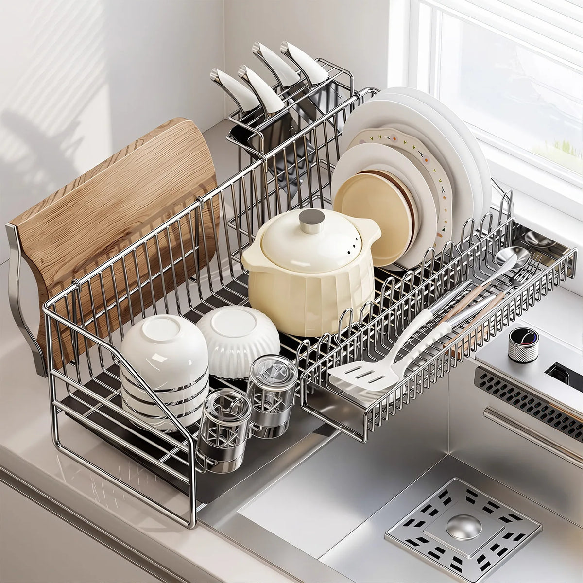 égouttoir vaisselle acier inoxydable moderne assiettes tasses cuillères couverts support cuisine respectueux environnement multifonctionnel