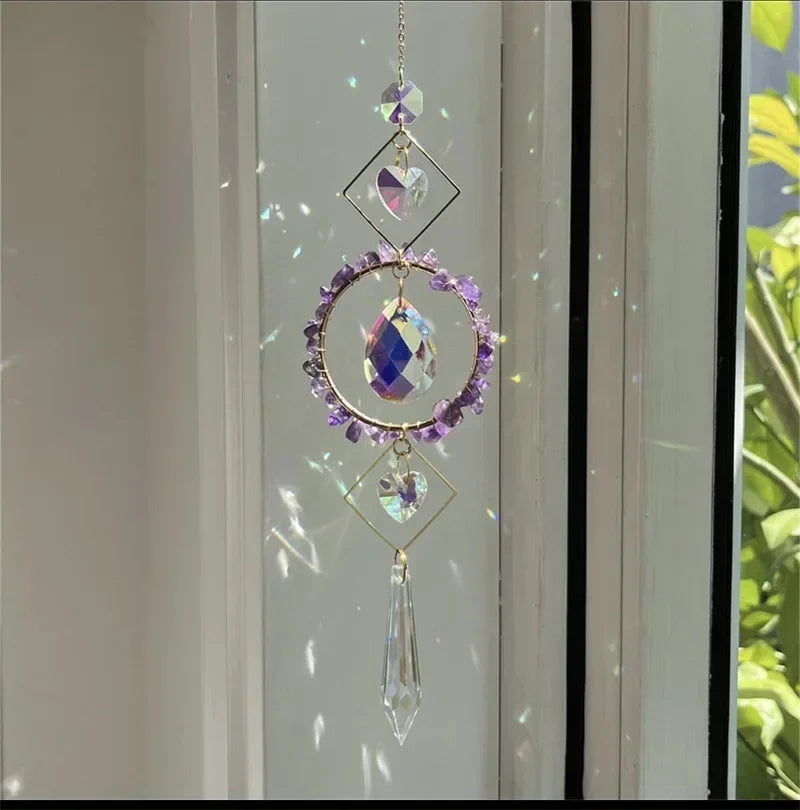 suspension décorative cristal transparent vert violet doré cristaux artisanale élégante jardin intérieur
