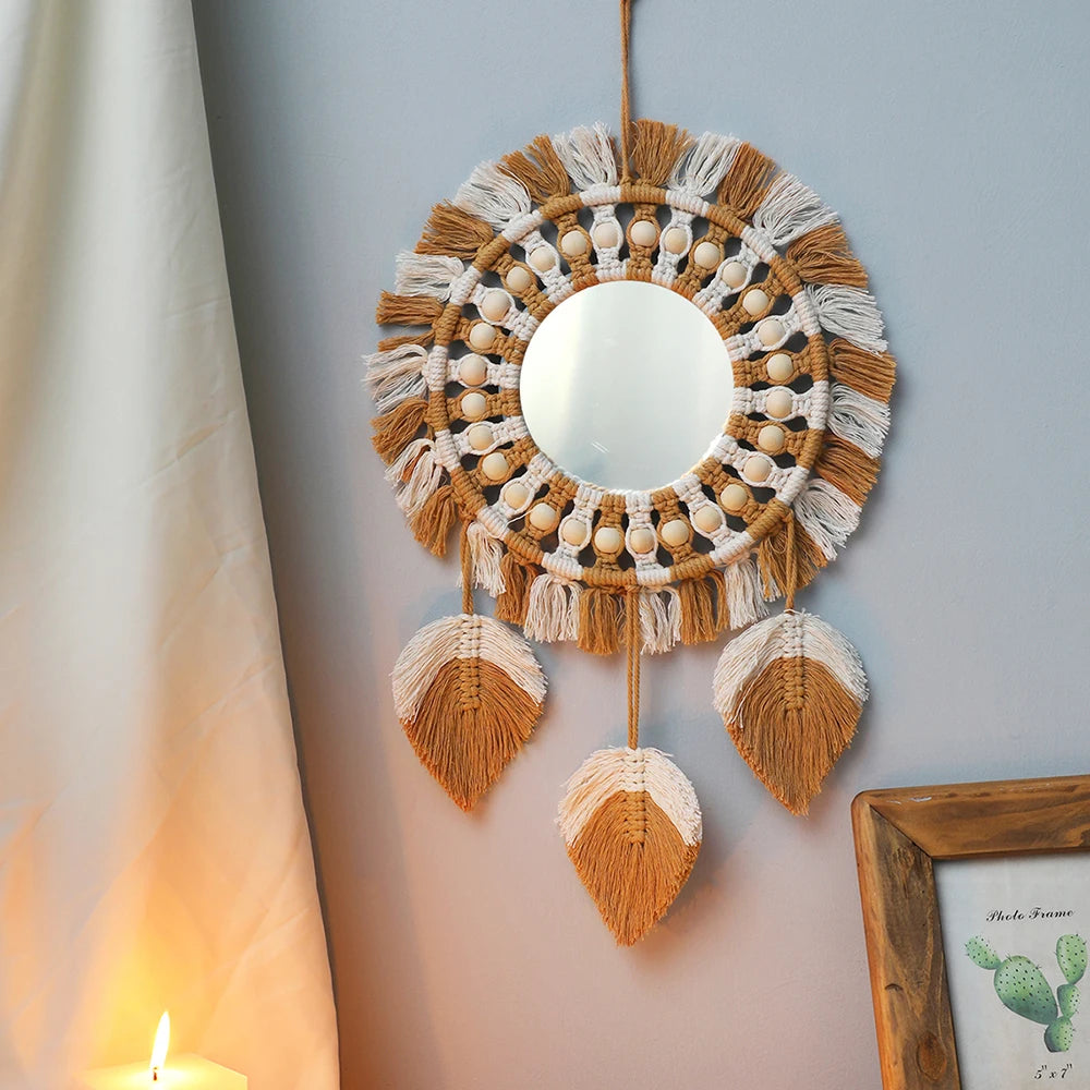 miroir décoratif boho blanc beige macramé franges artisanal