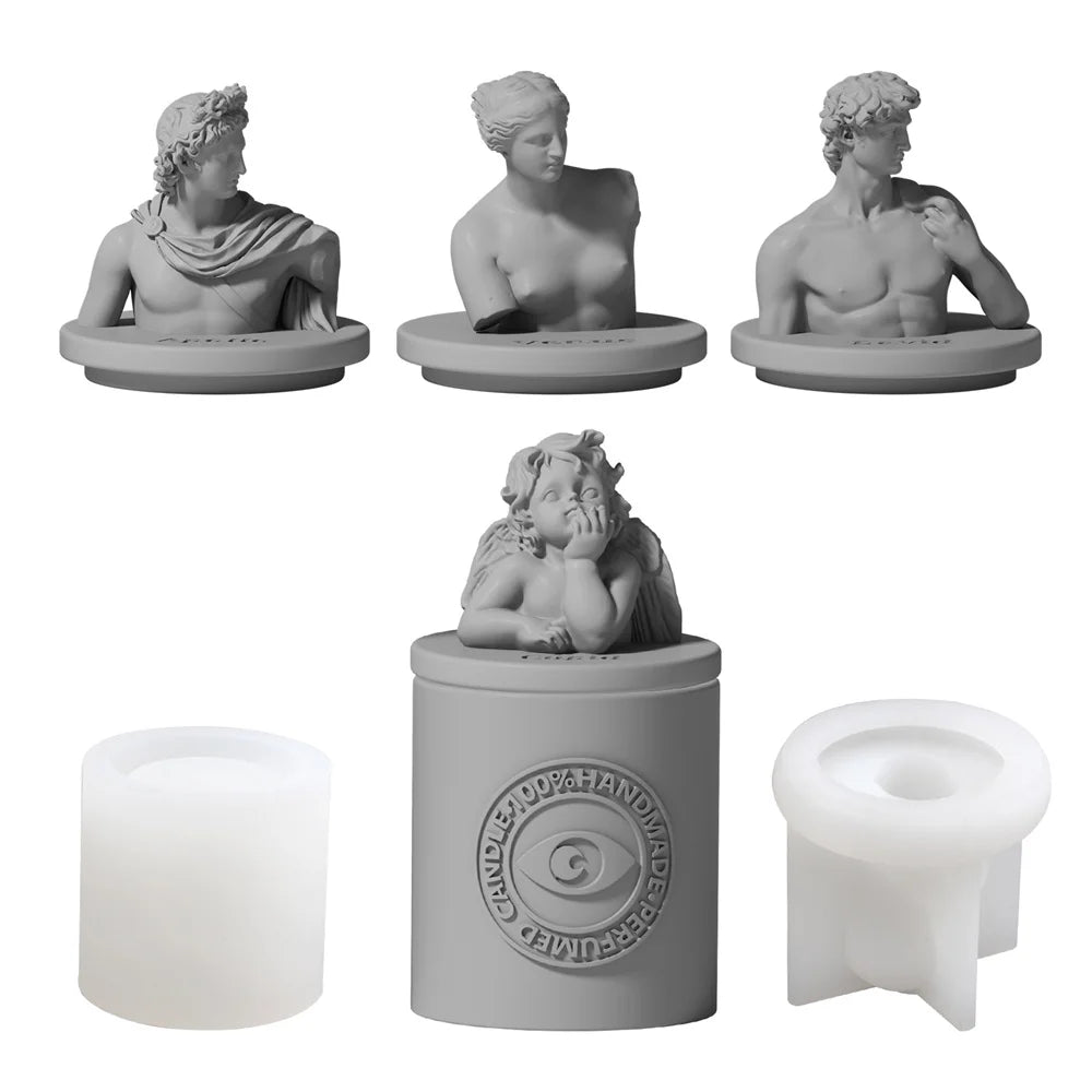 bougies décoratives statuettes classiques personnages modernes gris rose vert bleu