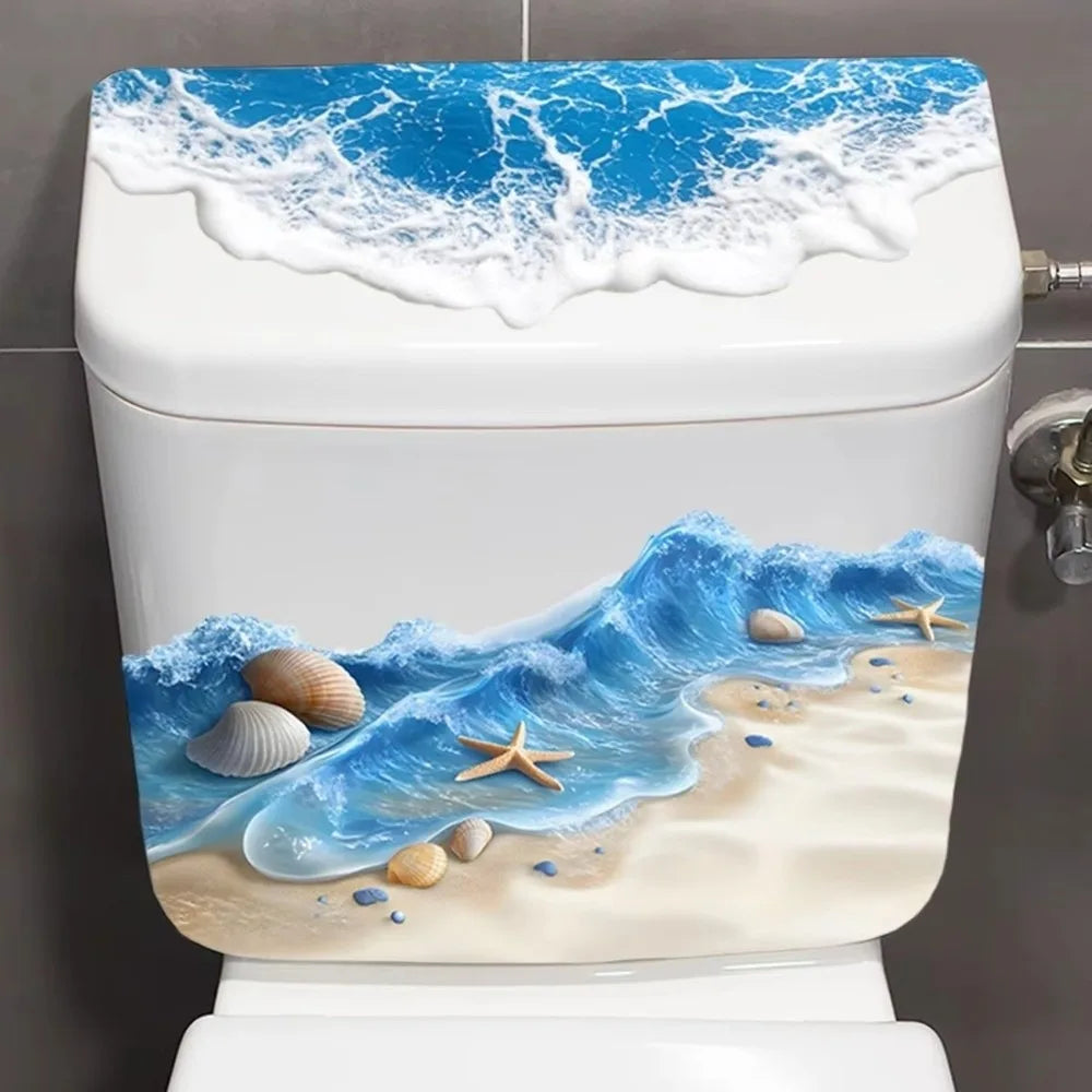 cache wc adhésif ondes océaniques bleu blanc illustration antidérapant imperméable