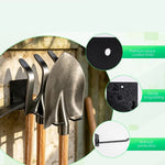 rangements outils jardin mural noir industriel pelle râteau fourche fixations plaques métal lisse